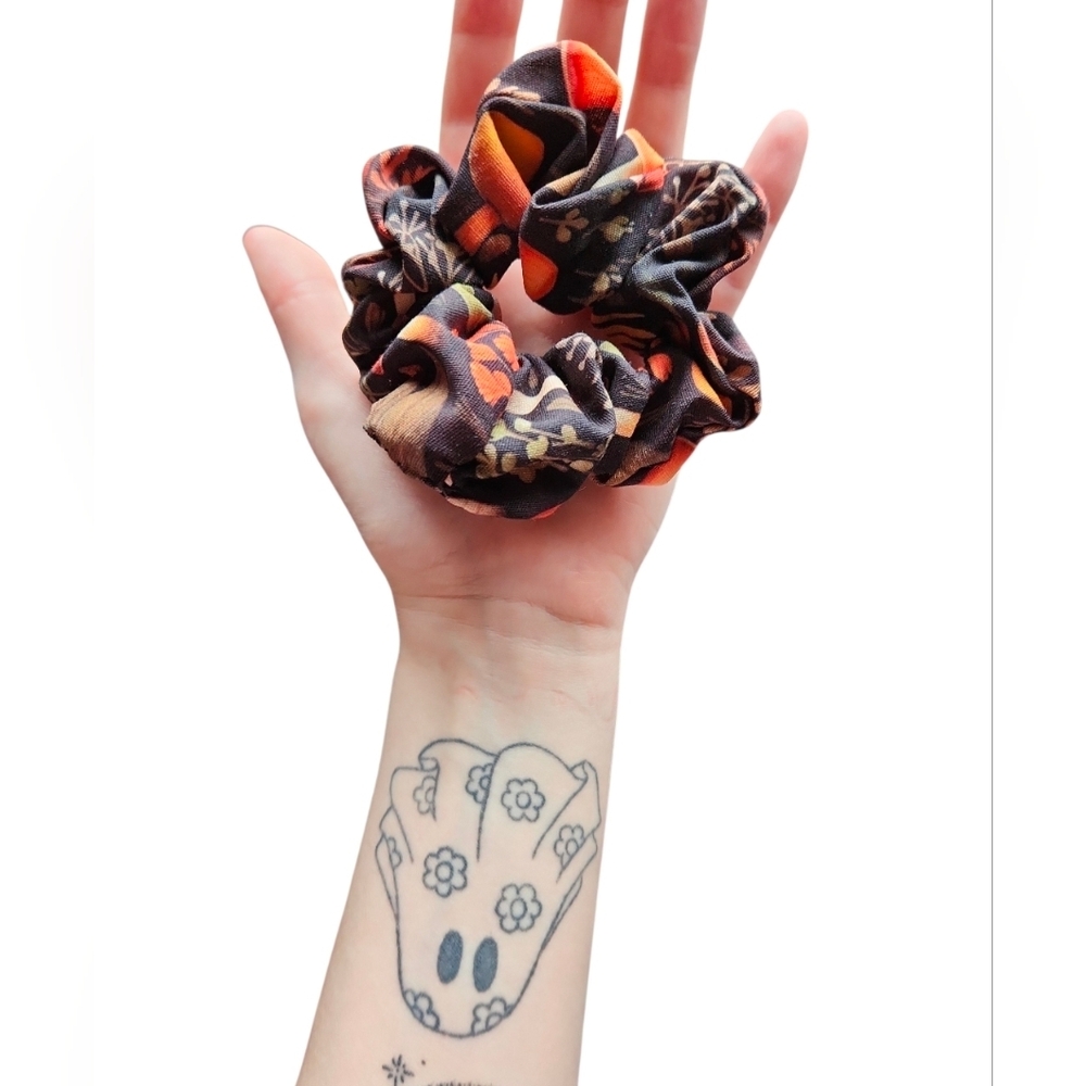 Handmade Mushroom Cotton Scrunchie Black Orange Floral Fungi Autumn Hair Tie